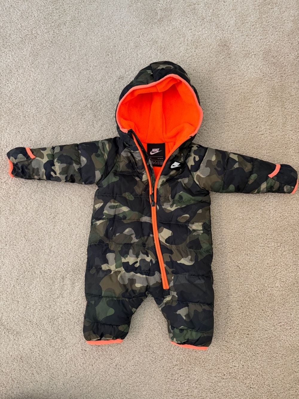 Nike Camo Infant Puffer One-Piece with Bright Orange Lining